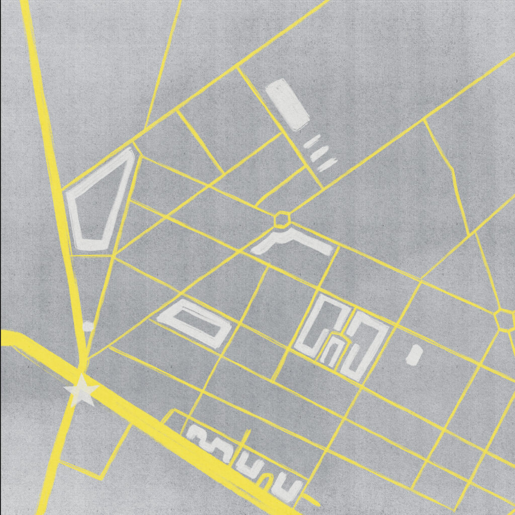 Karte von Berlin Weissensee und dem Caligariplatz in grau mit gelben Straßen.