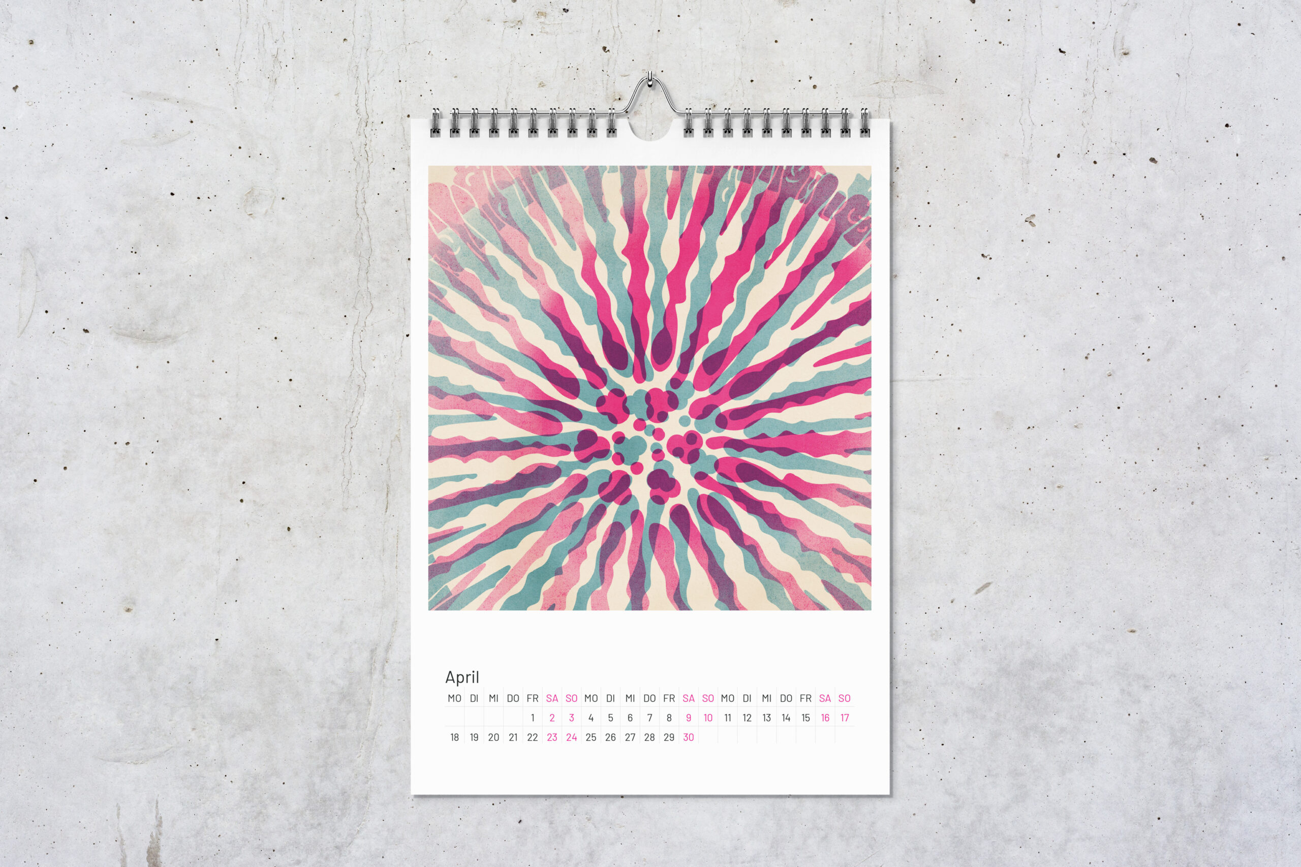 Kalenderblatt Koralle für April mit zwei digitalen Zeichnungen im Risografie Stil. Die Zeichnungen in pink und blau überlagern sich.