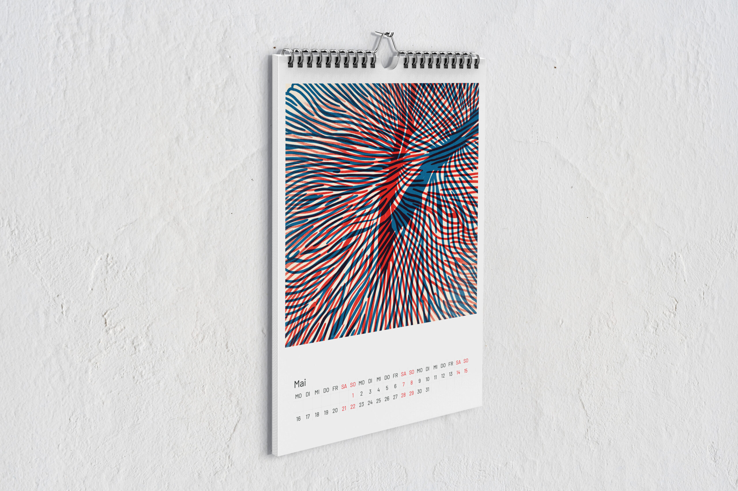 Kalenderblatt Koralle für Mai mit zwei digitalen Zeichnungen im Risografie Stil. Die Zeichnungen in rot und blau überlagern sich.