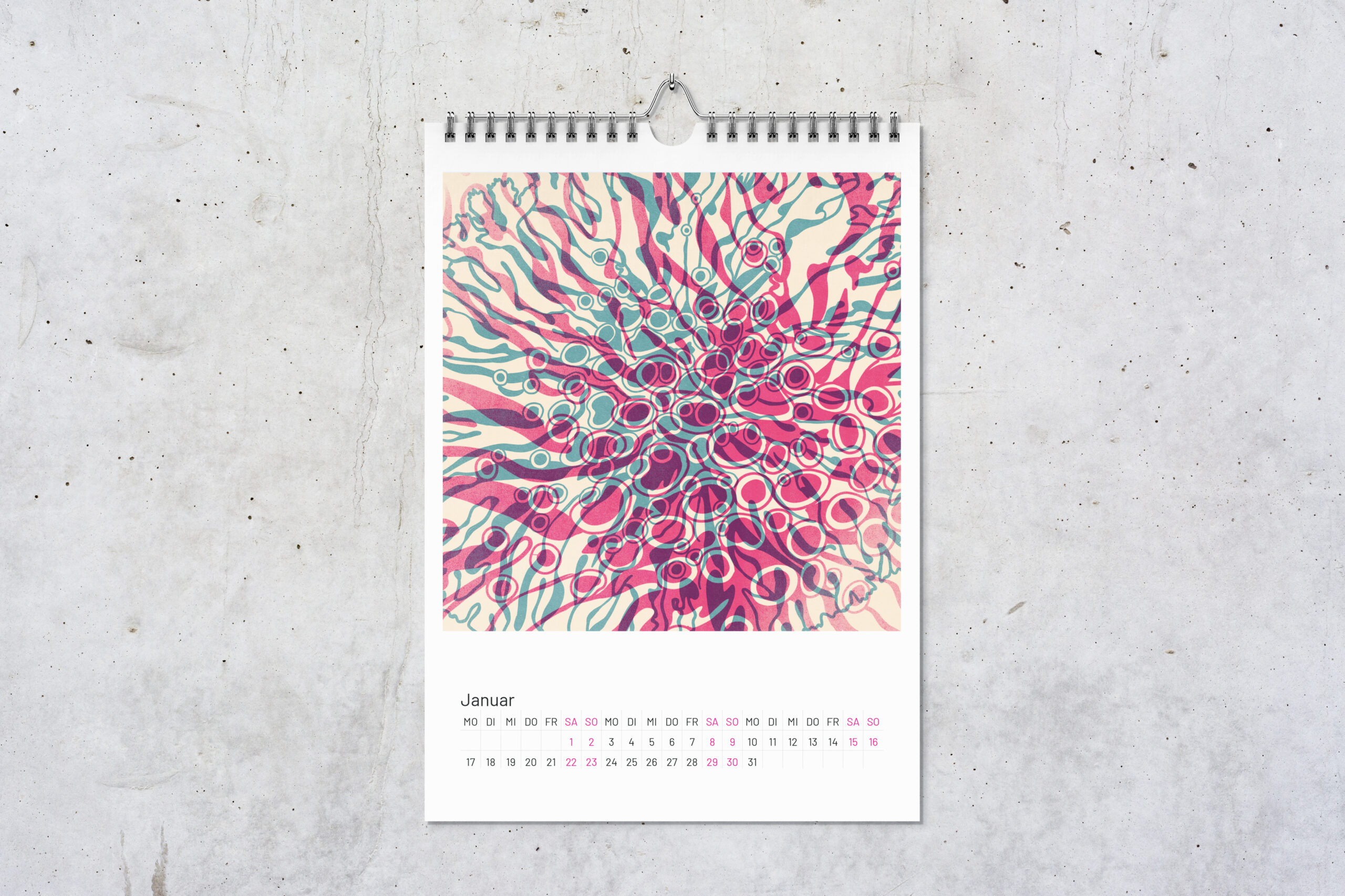 Kalenderblatt Flechten für Januar mit zwei digitalen Zeichnungen im Risografie Stil. Die Zeichnungen in pink und blau überlagern sich