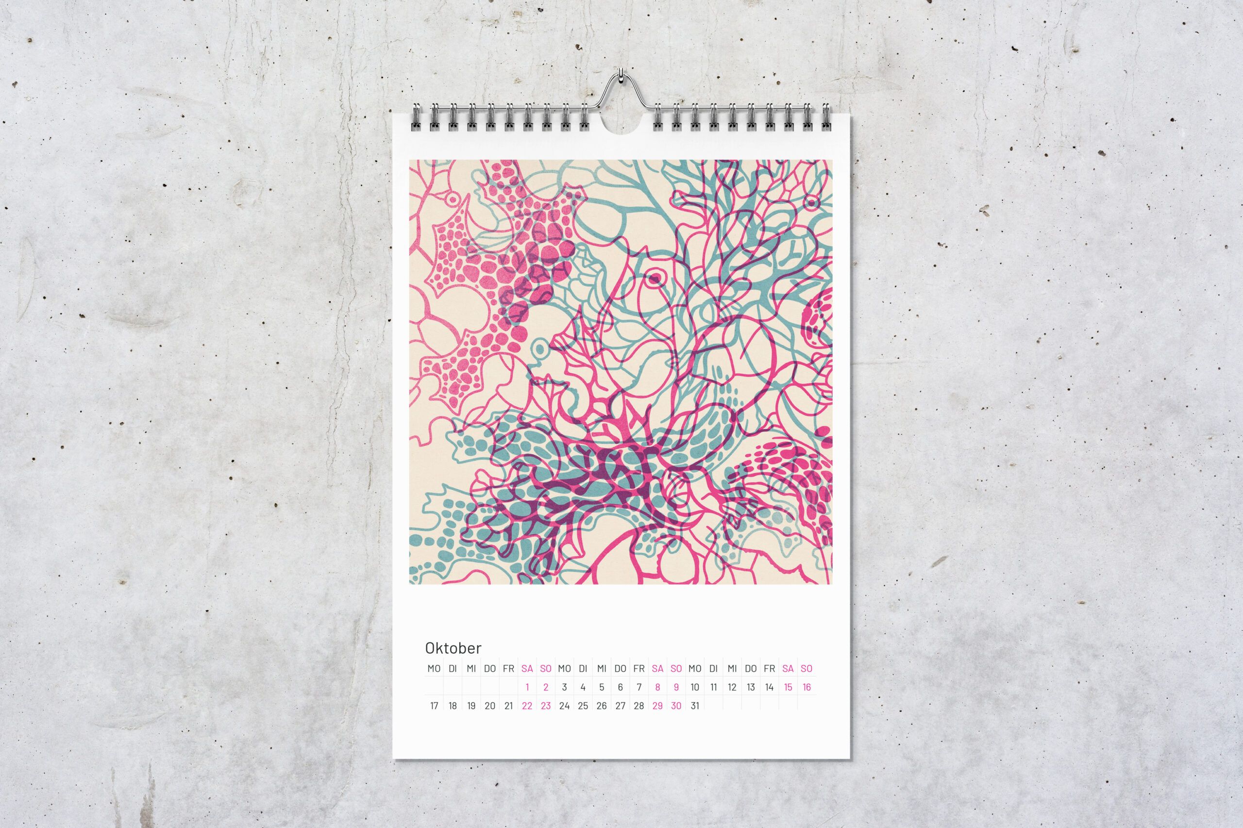 Kalenderblatt Flechten für Oktober mit zwei digitalen Zeichnungen im Risografie Stil. Die Zeichnungen in pink und blau überlagern sich.