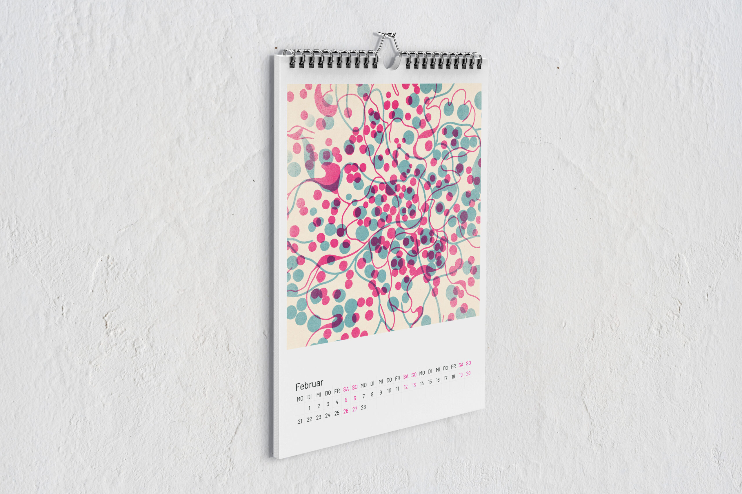 Kalenderblatt Flechten für Februar mit zwei digitalen Zeichnungen im Risografie Stil. Die Zeichnungen in pink und blau überlagern sich