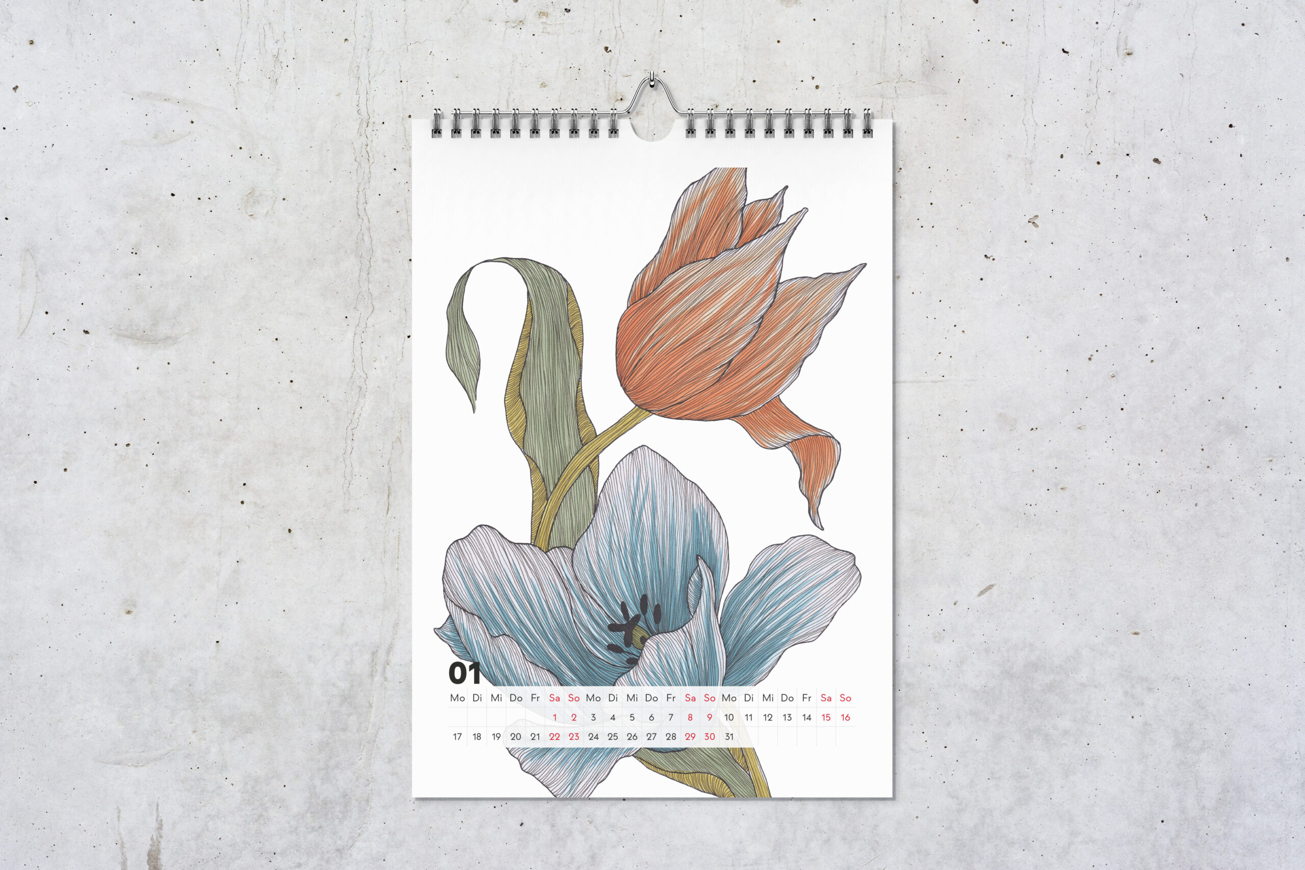 Kalenderblatt für Januar, mit Zeichnungen von einer blauen Tulpe vorne und einer orangenen Tulpe hinten.