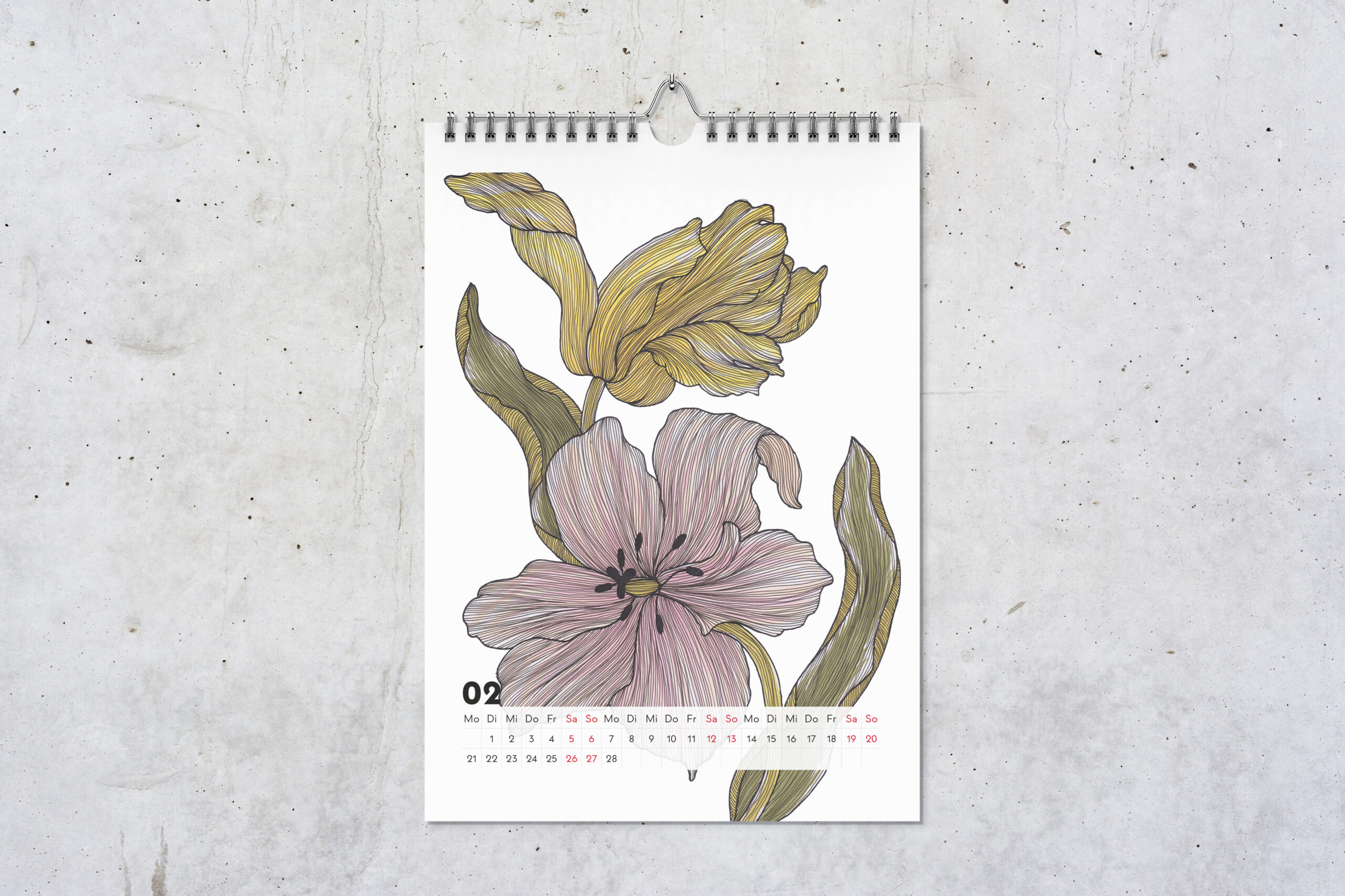 Kalenderblatt für Februar, mit Zeichnungen von einer pinken Tulpe vorne und einer gelben Tulpe hinten.