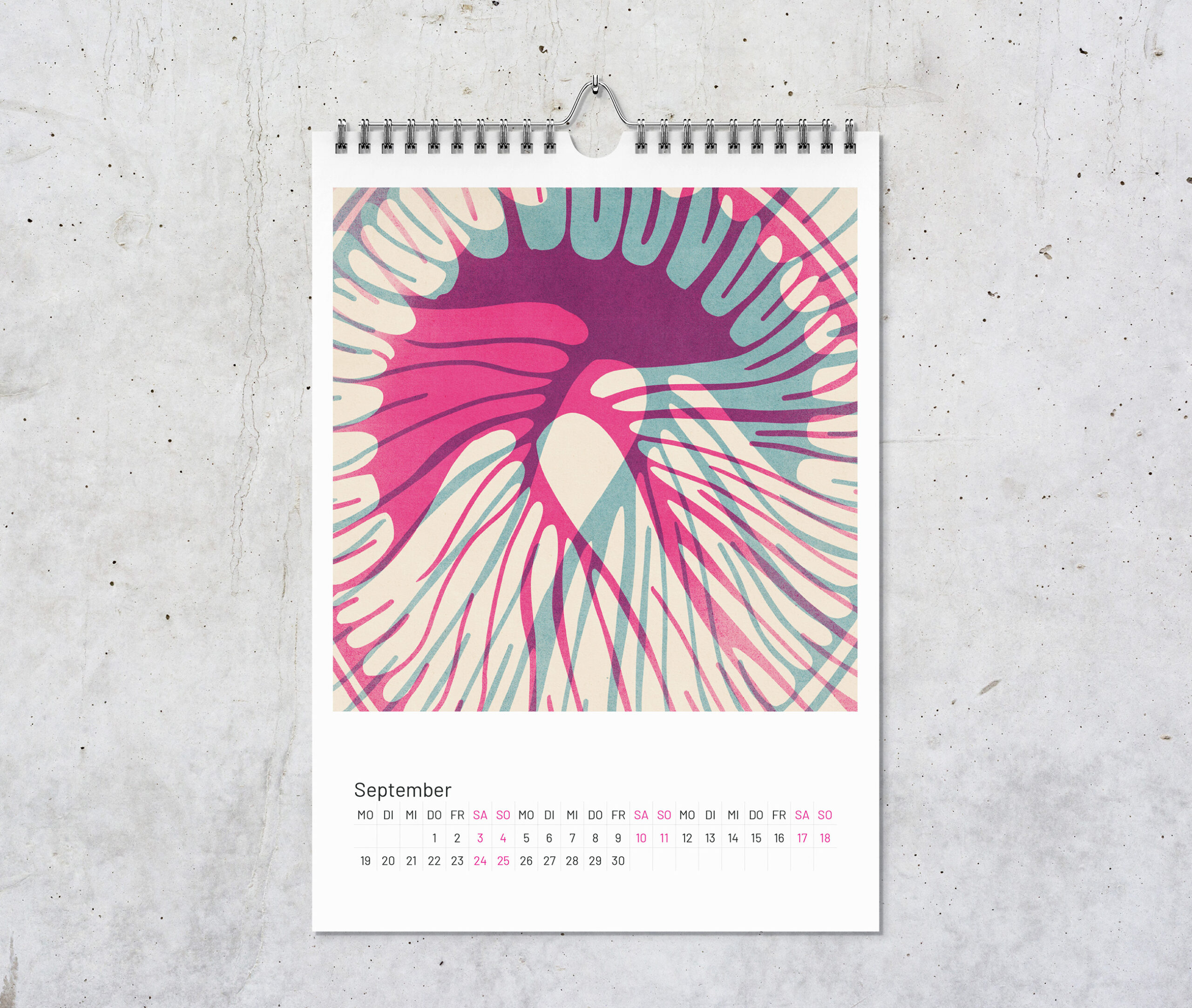 Kalenderblatt Koralle für September mit zwei digitalen Zeichnungen im Risografie Stil. Die Zeichnungen in pink und blau überlagern sich.