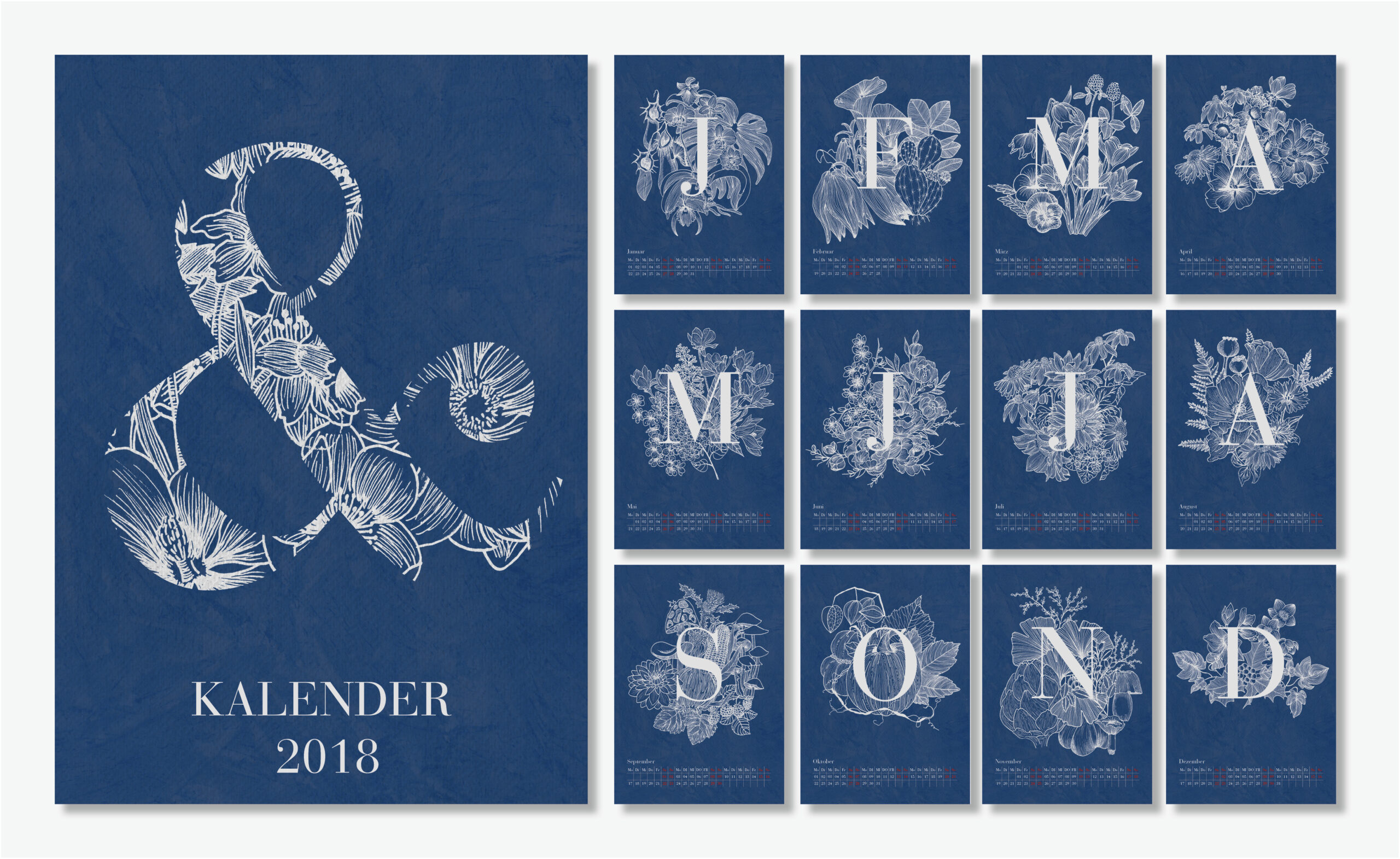 Übersicht über den Kalender Cyano 2018 mit Titelblatt und 12 Blättern. Handzeichnungen von jahreszeitlich passenden Pflanzen im Cyanotypie-Stil.