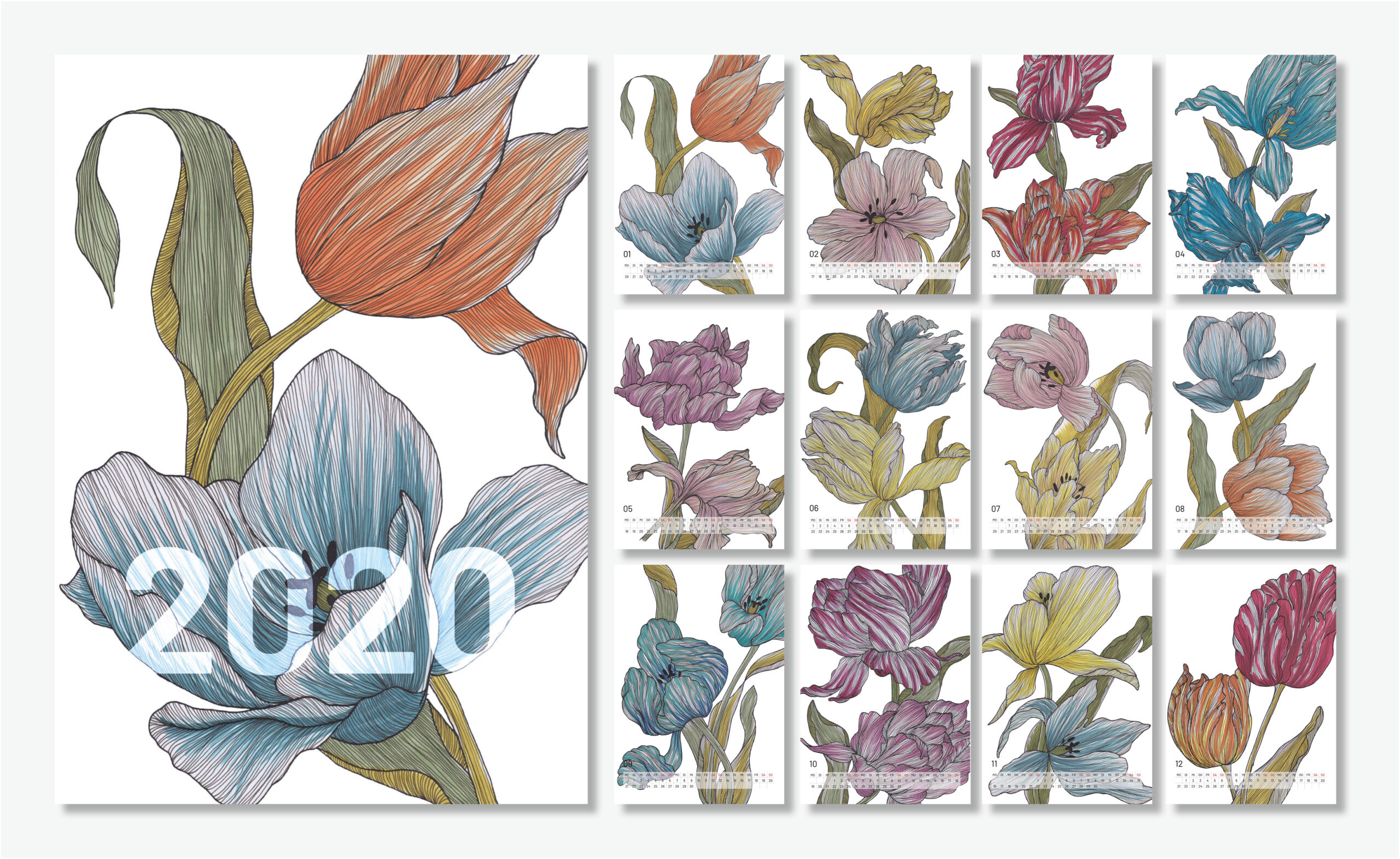 Übersicht über den Kalender Tulips 2020 mit Titelblatt und 12 Blättern. Farbige Handzeichnung von Tulpen.