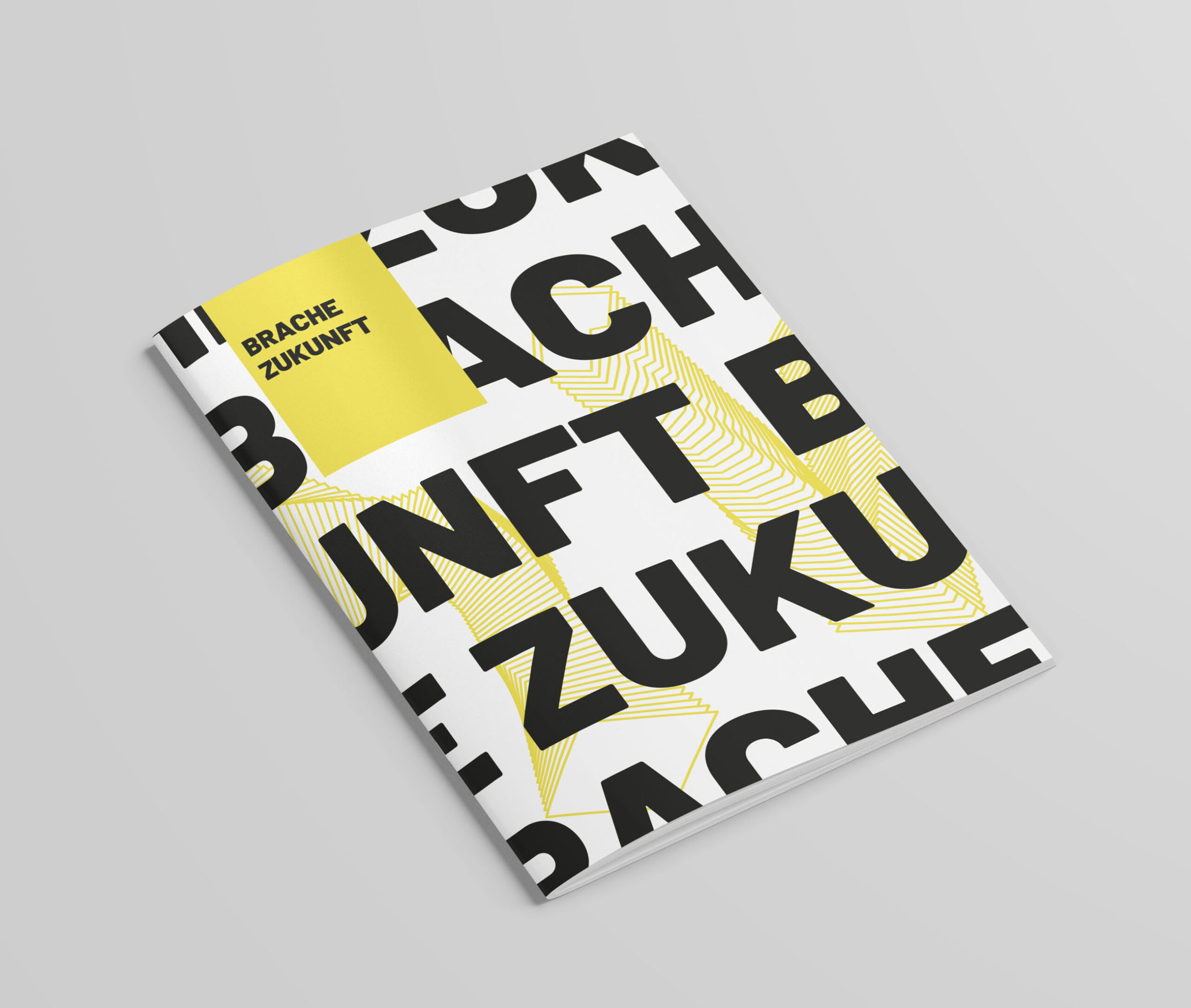 Cover der Broschüre Brache Zukunft mit dem Namen in großen Buchstaben. Die Buchstaben laufen in 5 Zeilen über das Cover. Im Hintergrund gelbe Verzierungen.