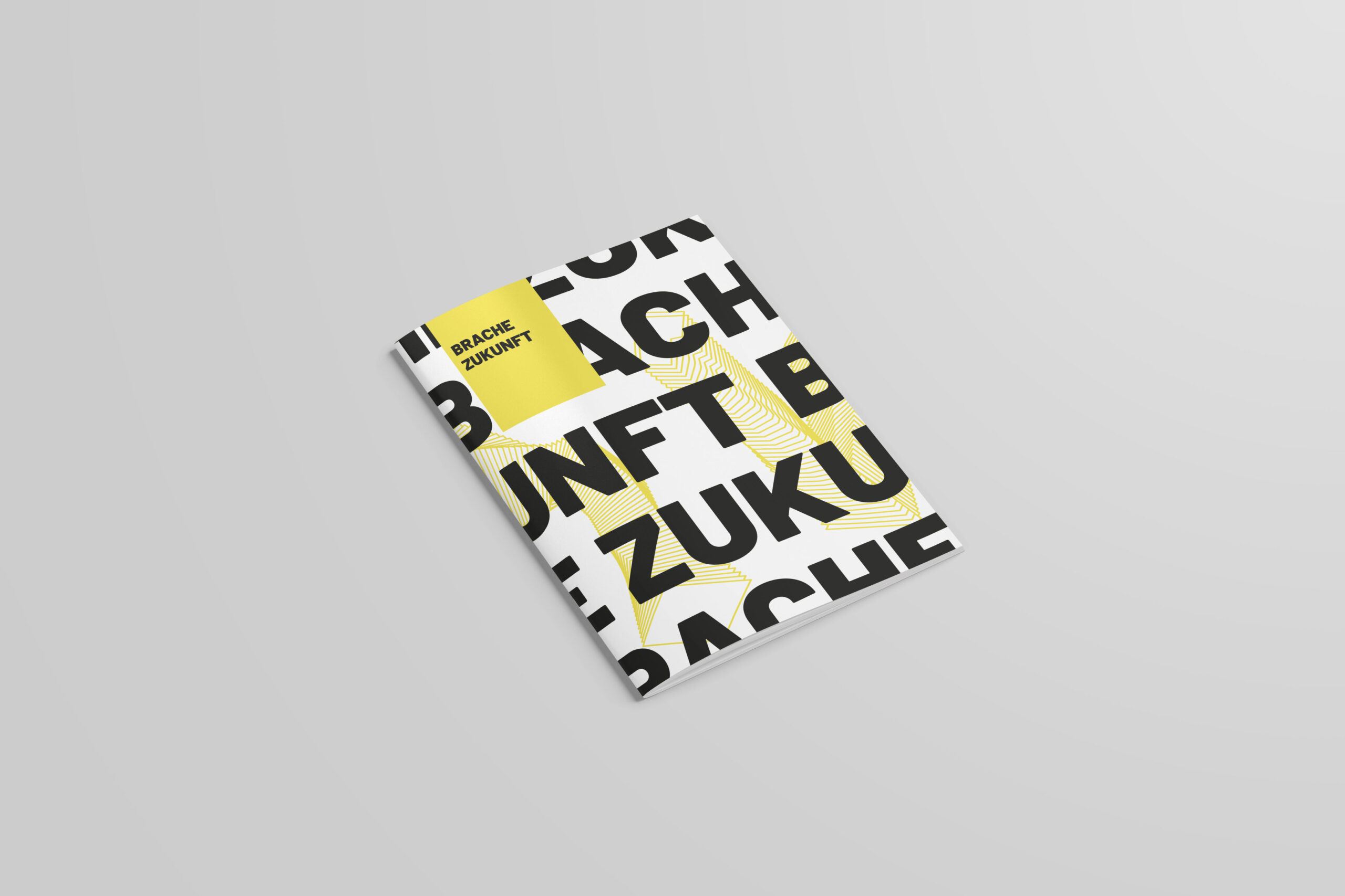 Cover der Broschüre Brache Zukunft mit dem Namen in großen Buchstaben. Die Buchstaben laufen in 5 Zeilen über das Cover. Im Hintergrund gelbe Verzierungen.